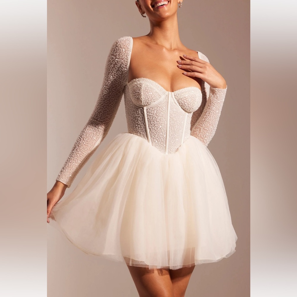 Oh Polly Calliope Beaded Long Sleeve Tulle Skirt Mini Dress